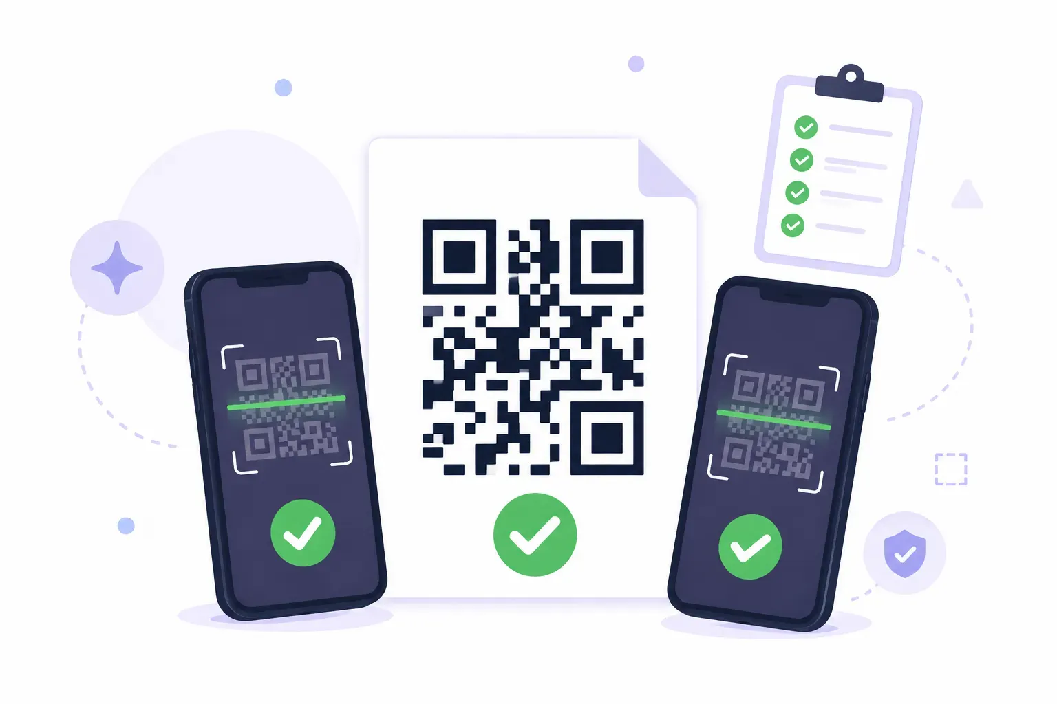 Desk setup to test a QR code before printing, with printed samples, two phones, and a QA checklist