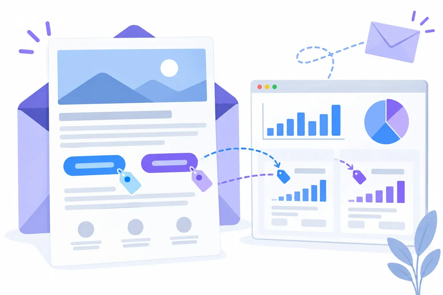 UTM parameters for email campaigns: an email newsletter with tagged buttons flowing into an analytics dashboard