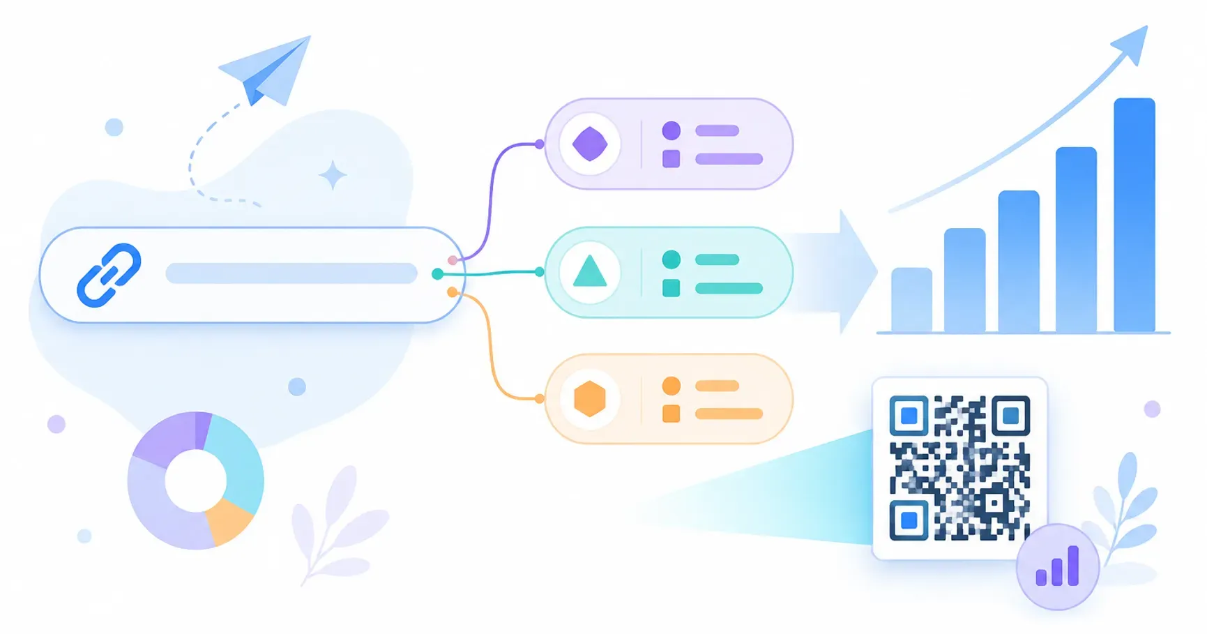 A campaign URL tagged with UTM parameter pills flowing into a rising analytics chart and a QR code