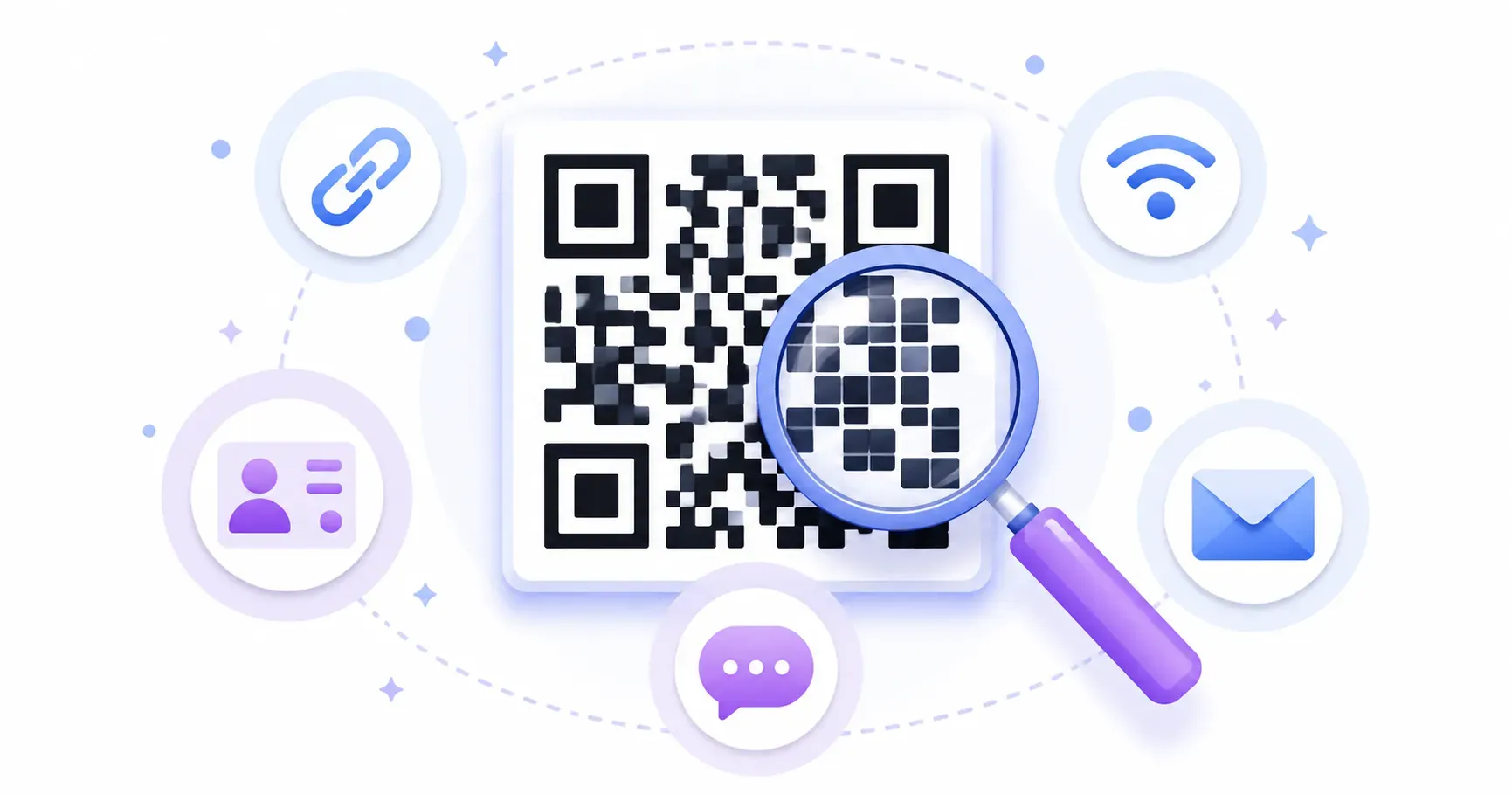 Large QR code under a magnifying glass with data-type icons, introducing what a QR code is