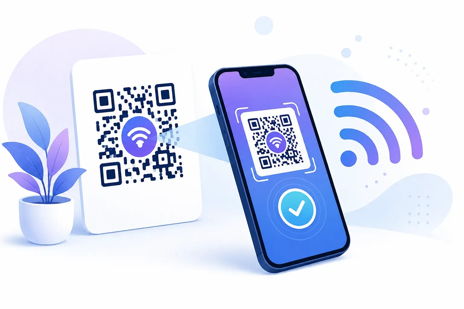 Smartphone connecting to WiFi instantly by scanning a QR code — illustrating wifi qr code